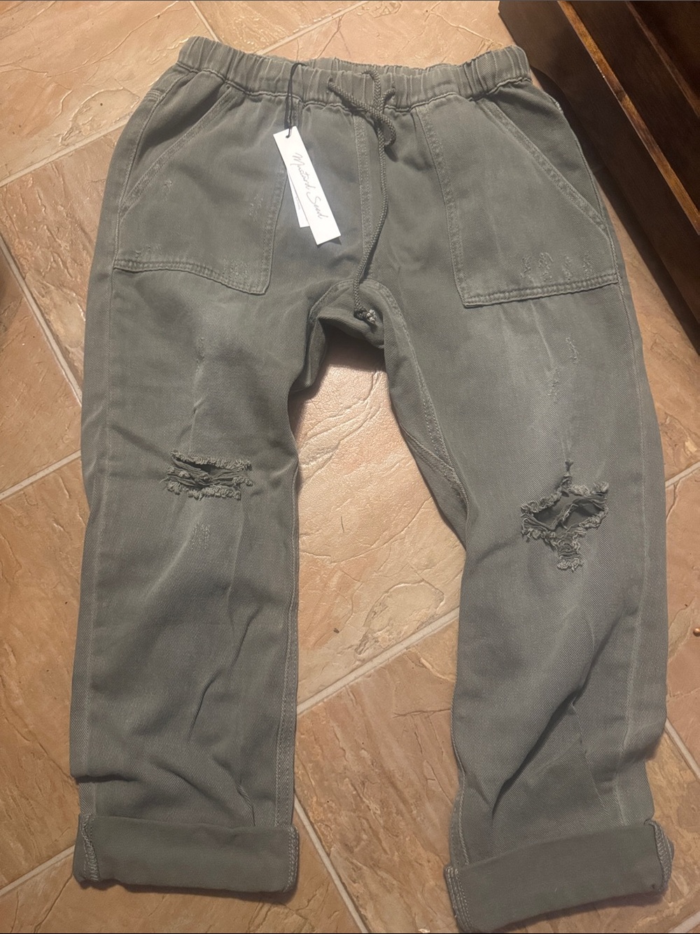 Mustard Seed Olive Distressed Drawstring Joggers